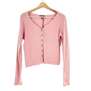 Poof Pointelle V-Neck Long Sleeve Button Top in Pink